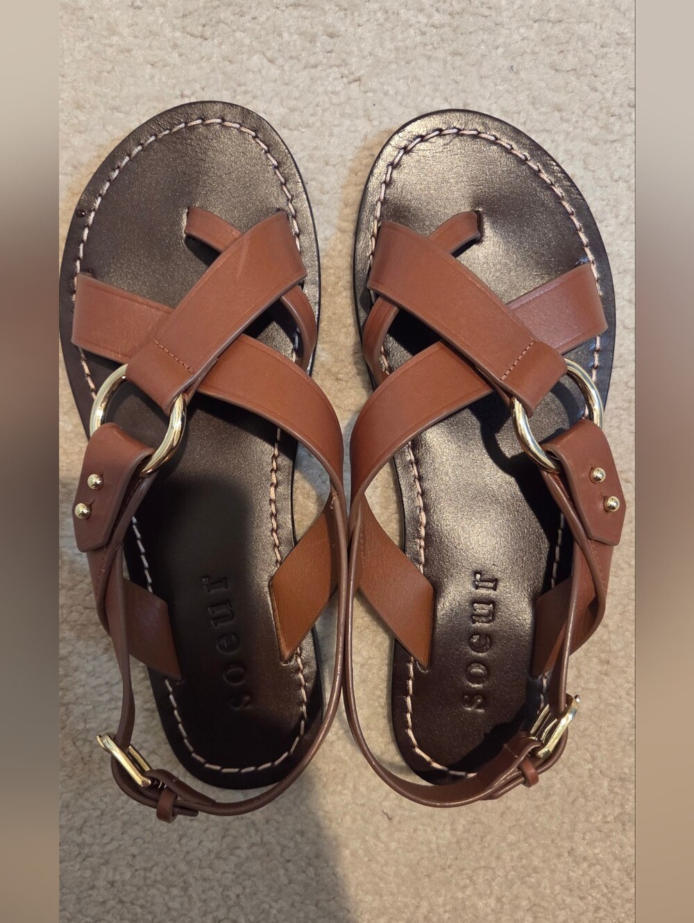 Soeur Brown Leather Crisscross Sandals with Gold Ring Detail